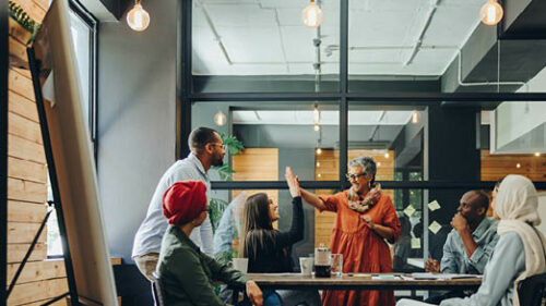 A group of diverse employees in age and race meeting together.