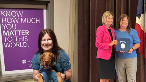 Two photos of Kelly O'Connell. One with her dog and the other with Governor Kim Reynolds.