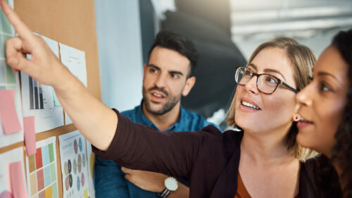 Three employees collaborating around a cork board planning together.