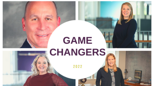 The 2022 Game Changers with their professional photos in each corner. There are three women and one man and they are all wearing professional dress clothes.